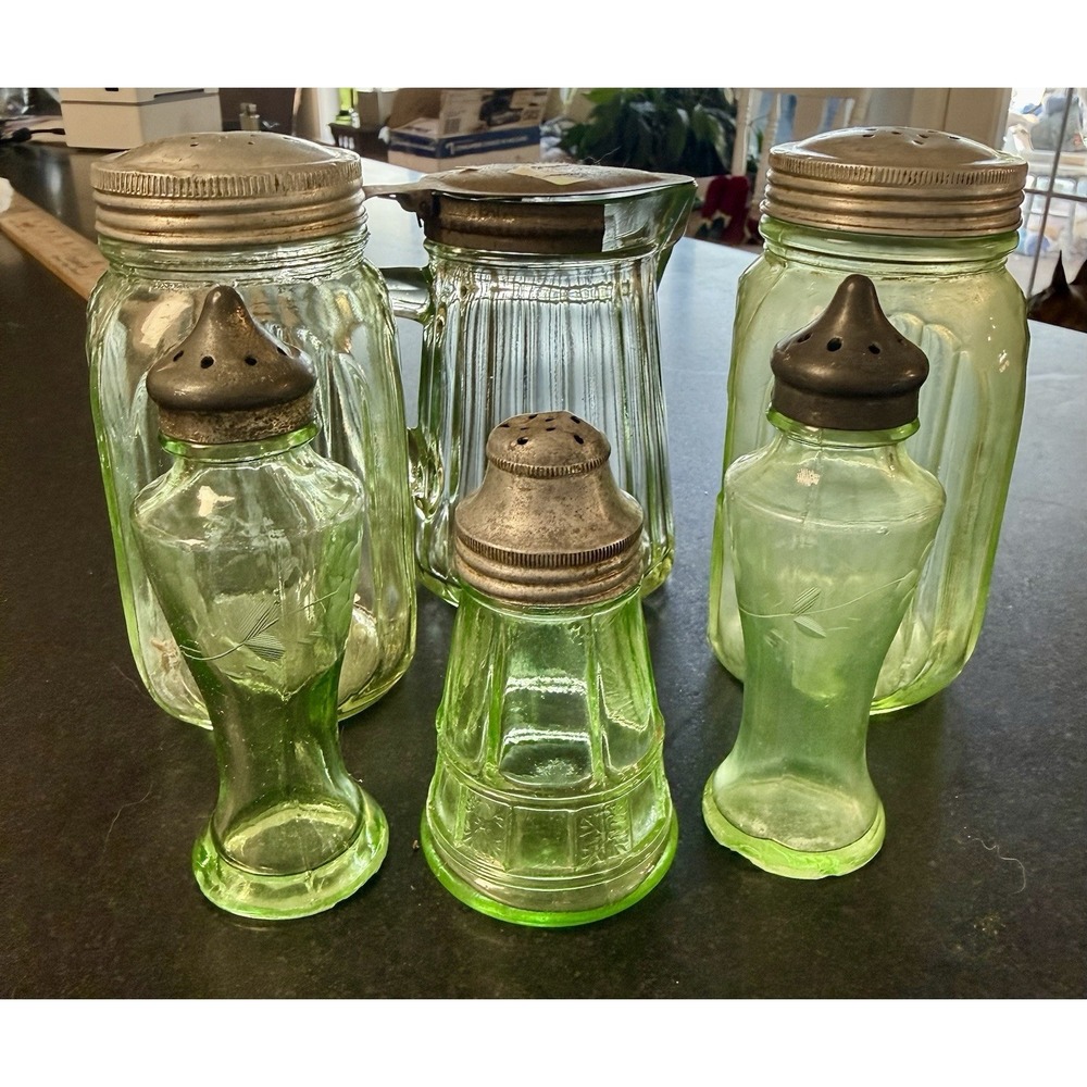 Vintage Uranium Vaseline Glass Kitchen Set Shakers Syrup Pitcher 6 Pc
